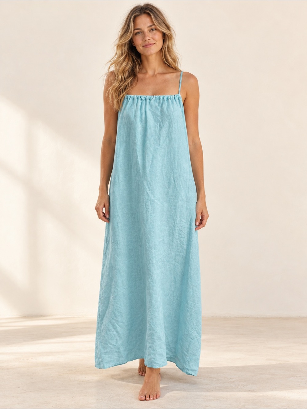 Aqua Blue 100% Linen Maxi Dress Coastal S